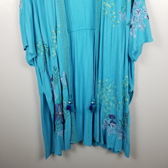 Chico's Aqua Blue Embroidery Beaded Bohemian Duster Kimono Beach Cover Up Sz S/M - Picture 4 of 12